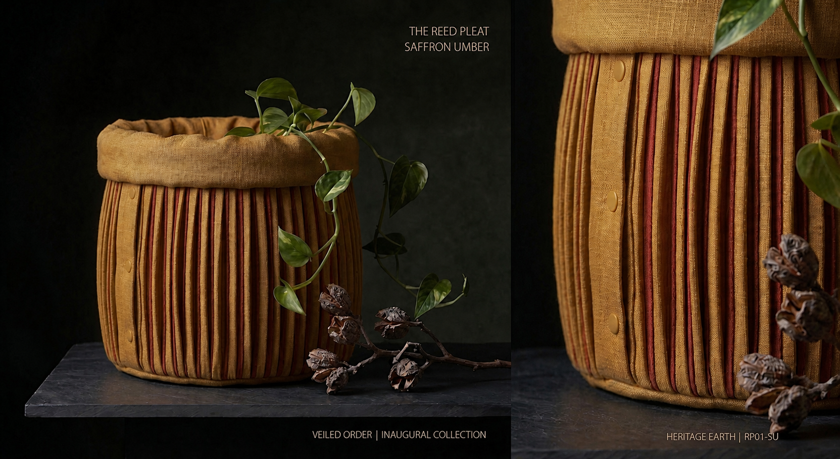 Full and close detail views of the Reed Pleat linen construction