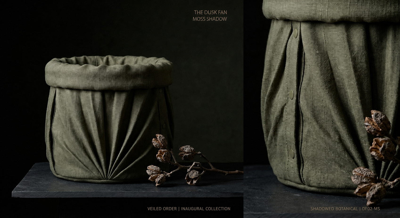 Full and close detail views of the Dusk Fan linen construction