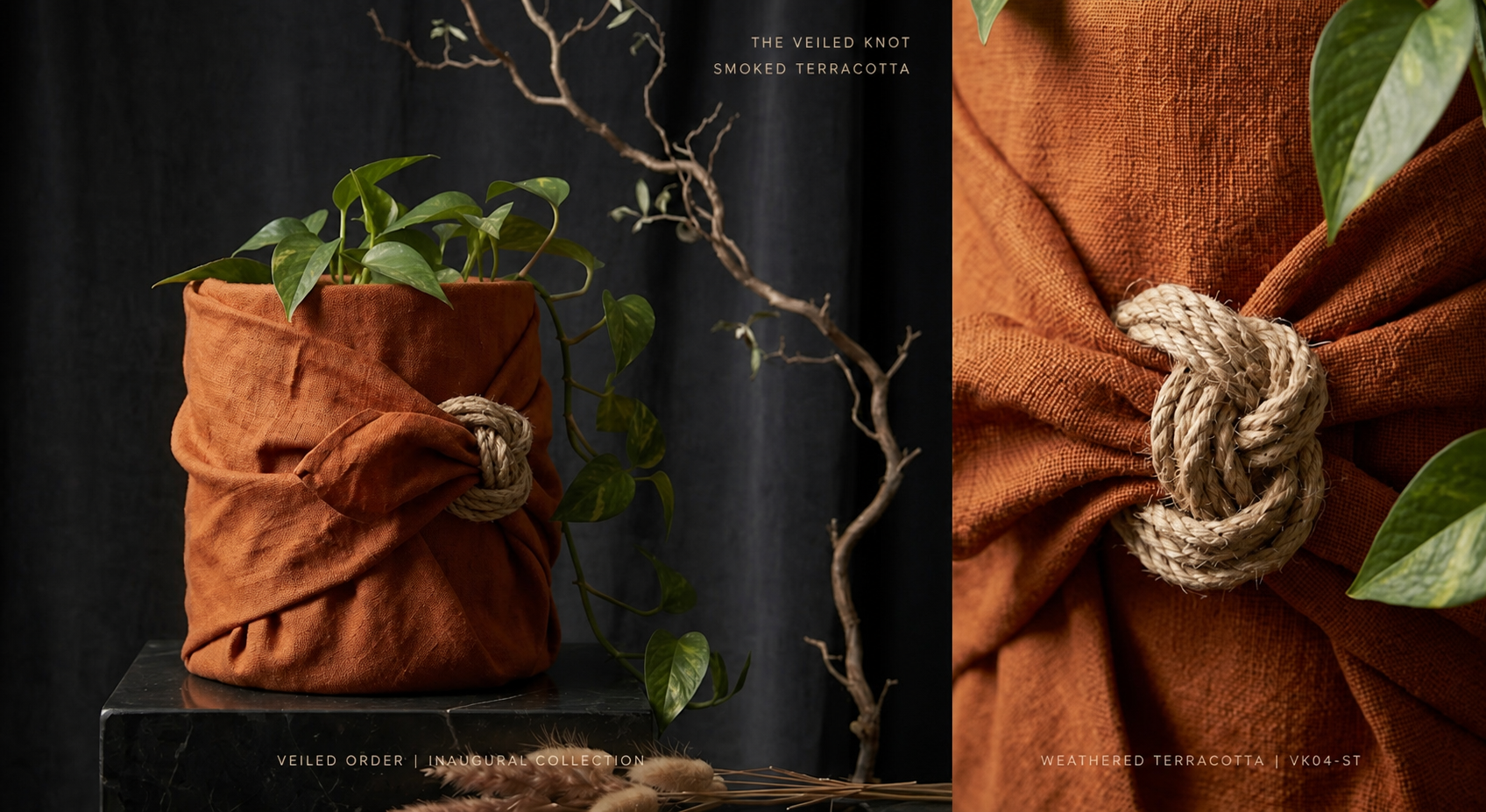 Full and close detail views of the Veiled Knot rope construction