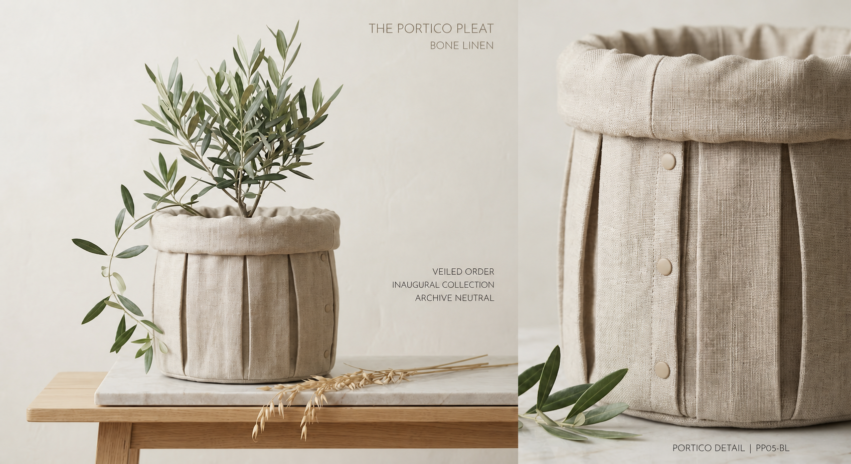 Full and close detail views of the Portico Pleat linen construction