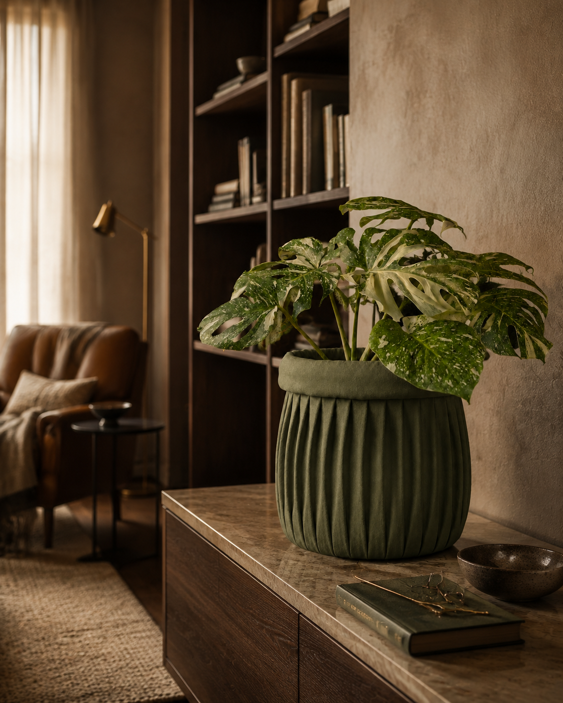 A sculptural moss linen planter cover in a warm, quiet living room
